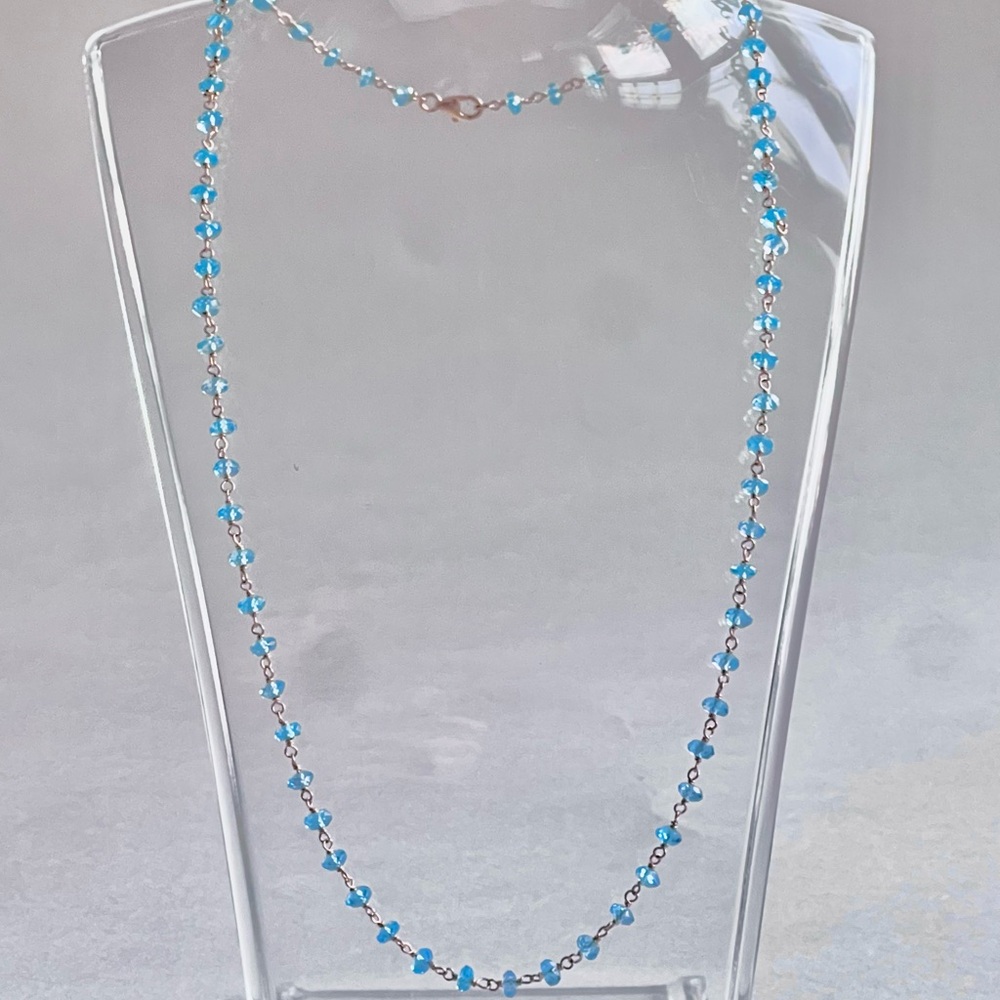 Swiss Blue Topaz Chain Necklace Wire Wrapped Handmade Gold & Gems - 19” - NEW